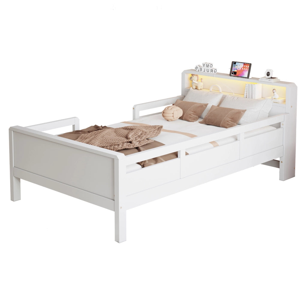 Letto per bambini 90x200 cm con LED; presa USB e Tape-C; testiera con ripiano in legno bianco