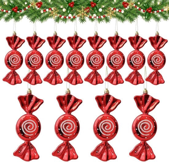 Decorazioni di Natale set - 12 pezzi di palline da Natale decorazioni da dolce - Rosso - Per Halloween e Capodanno - Decorazioni di Natale festive con nastri dorati