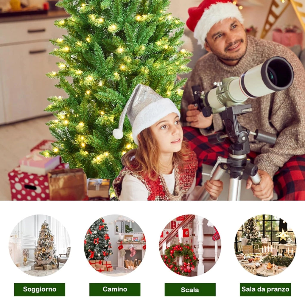 Albero di Natale Slim 150 cm, Albero di Natale con 150 Luci LED, 300 Rami Folti e Base di Metallo, Decorazione Natalizia per Casa e Ufficio (150cm)