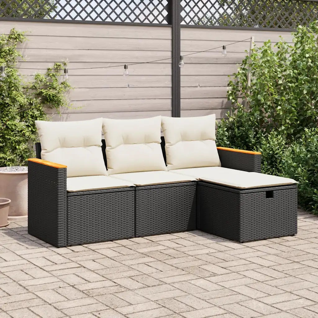 Set Divani da Giardino 4 pz | Set Salotto da Giardino con Cuscini Nero in Polyrattan