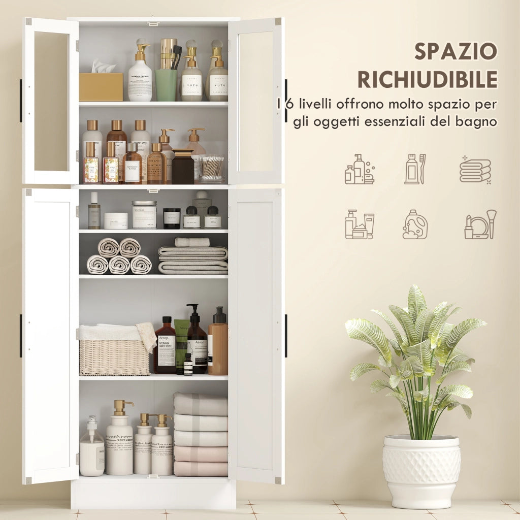 Mobile Bagno Alto con Ripiani Regolabili, Ante in Vetro e Legno, 60x30x170 cm, Bianco
