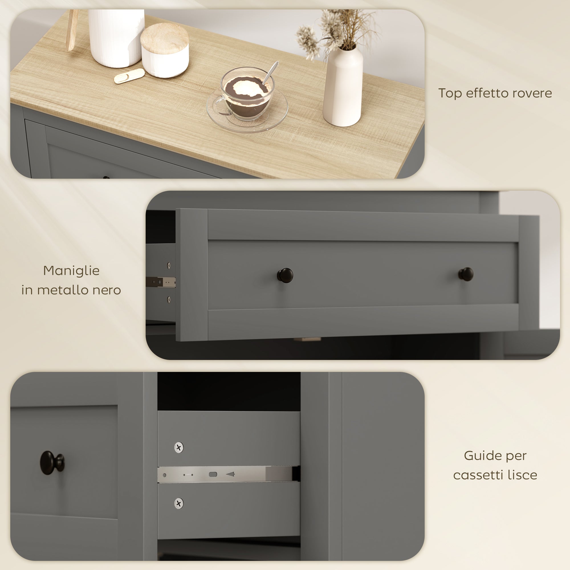 Credenza Cucina Bassa 78.5x35x80 cm con Cassetto e Armadietto in Legno Grigio