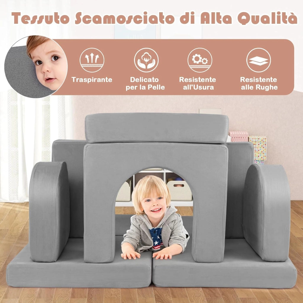 Divano Giocattolo per Bambini a 8 Pezzi, Divano Modulare per Bambini in Schiuma con Tessuto Suede, Poltrone per Bambini per Stanze da Gioco, Camere da Letto, Soggiorno (Grigio)