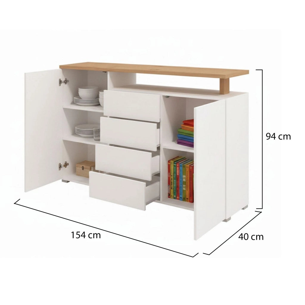 Madia Levate, Credenza 4 Cassetti, 154x40x94h cm Bianco
