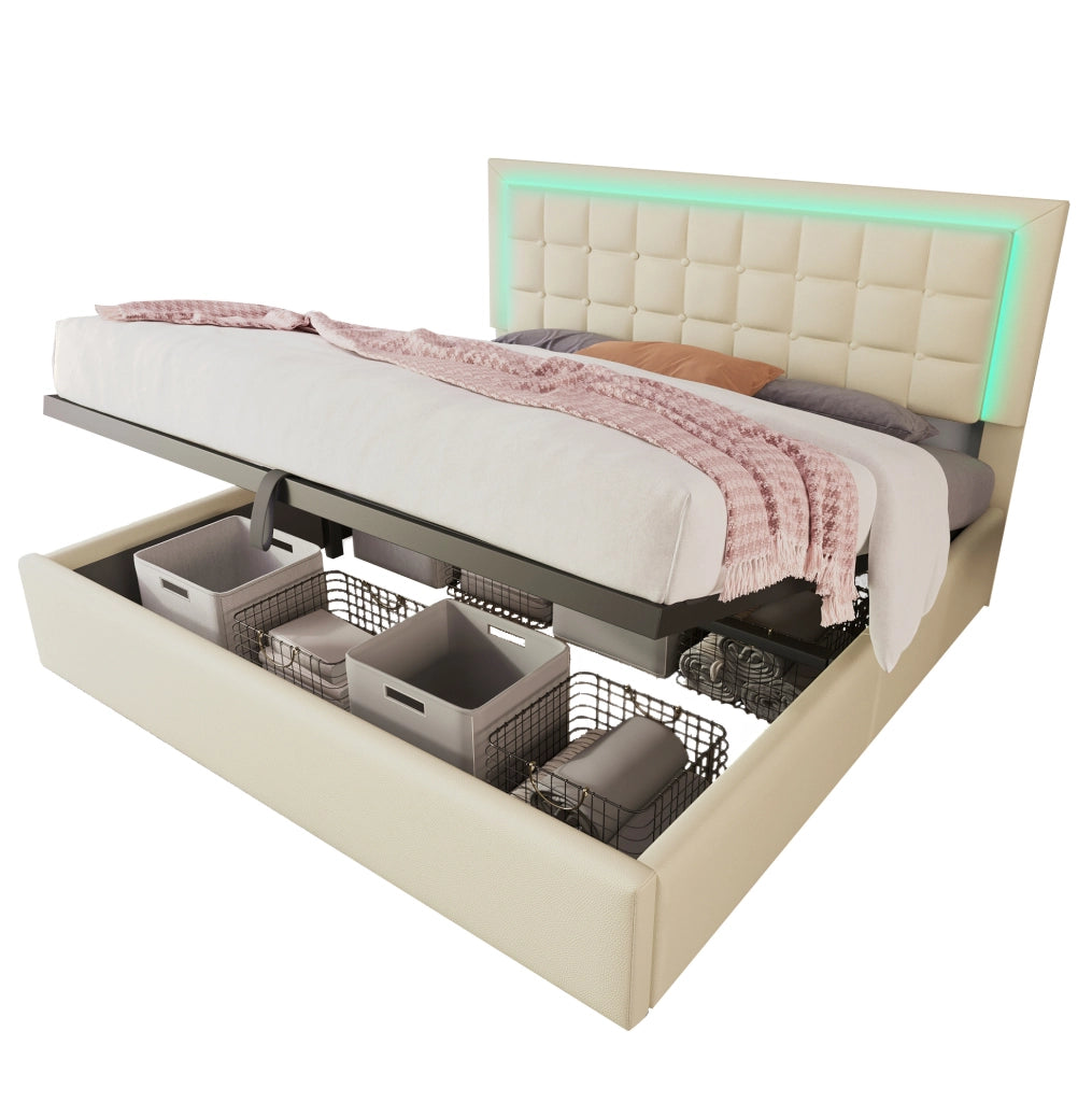 Letto contenitore 180x200 cm con LED e rete a doghe in PU bianco