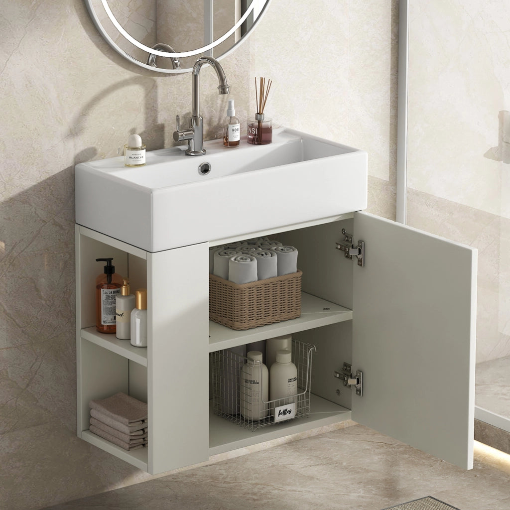 Mobile sottolavabo sospeso con lavabo integrato e vani laterali per bagno in truciolato bianco 69 × 52 × 32 cm
