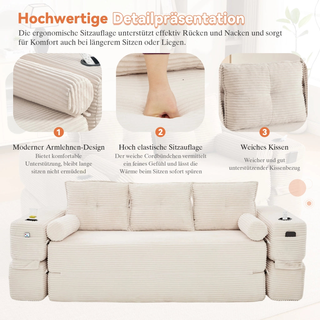 Divano letto modulare in corda con tasche laterali, portabicchieri e cuscini memory per soggiorno, beige
