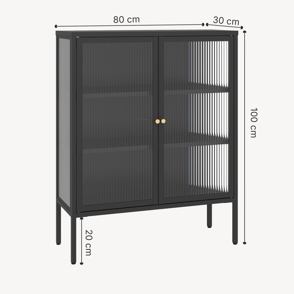 Credenza Vinterhavn in Acciaio Nero con 2 Ante in Vetro Scanalato 100x80x30 cm [en.casa]