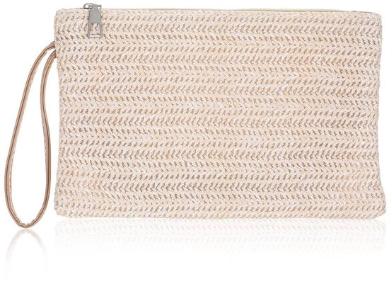 Clutch Classica Stro, Borse da Uomo e Donna per Estate, Stile Bohemian, Borsa da Mano con Cerniera e Cinturino per Lavoro, Appuntamenti, Vita di Tutti i Giorni e Viaggi, Bianca