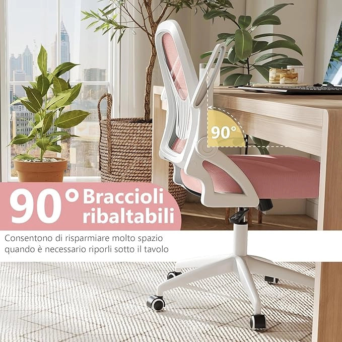 Sedia da Ufficio in Rete, Sedia da Scrivania Ergonomica con Supporto Lombare e Braccioli Ribaltabili, Sedia da Lavoro Girevole, con Ruote Regolabile in Altezza, Portata 150 kg
