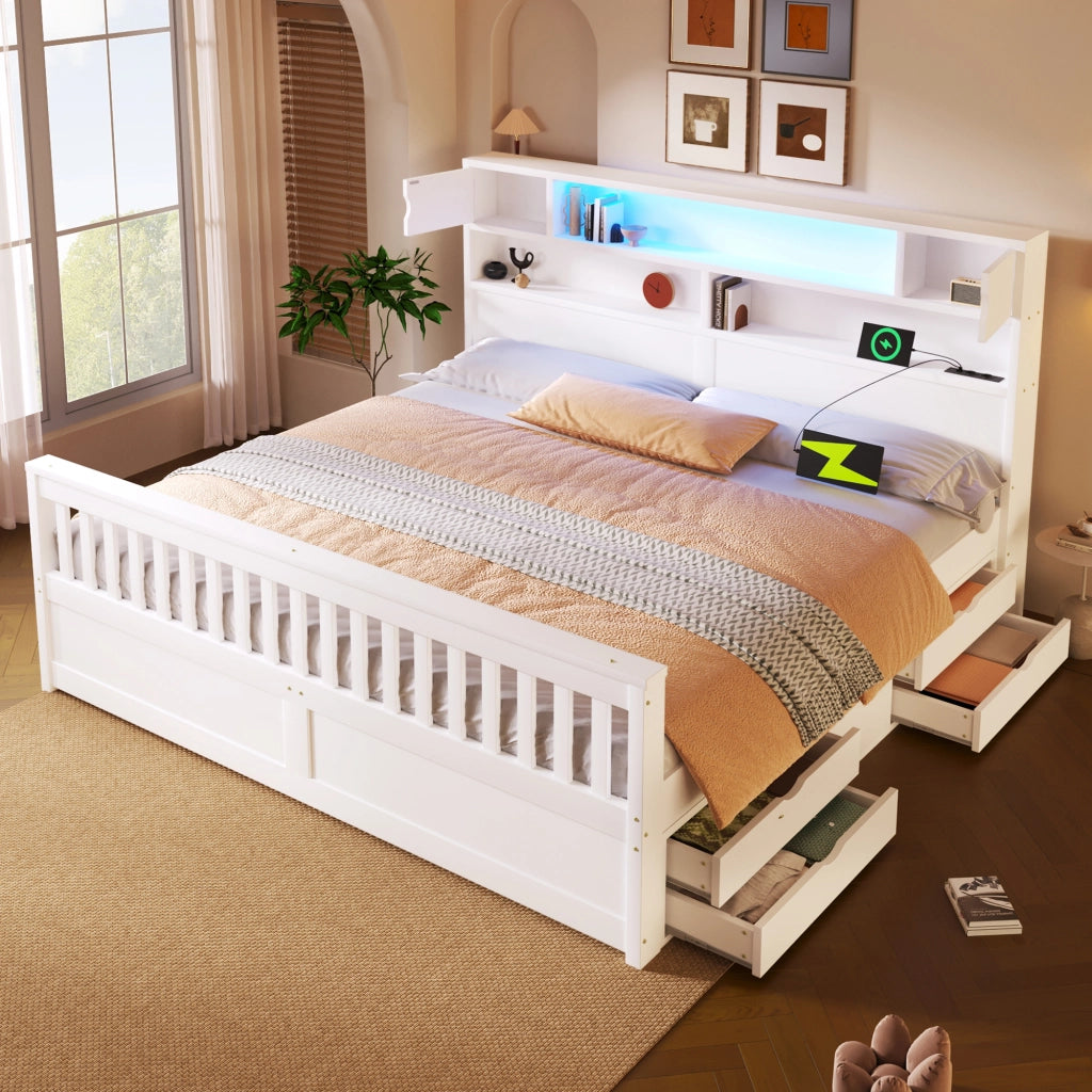 LETTO con testiera libreria 180x200 cm Bianco con 4 cassetti e LED