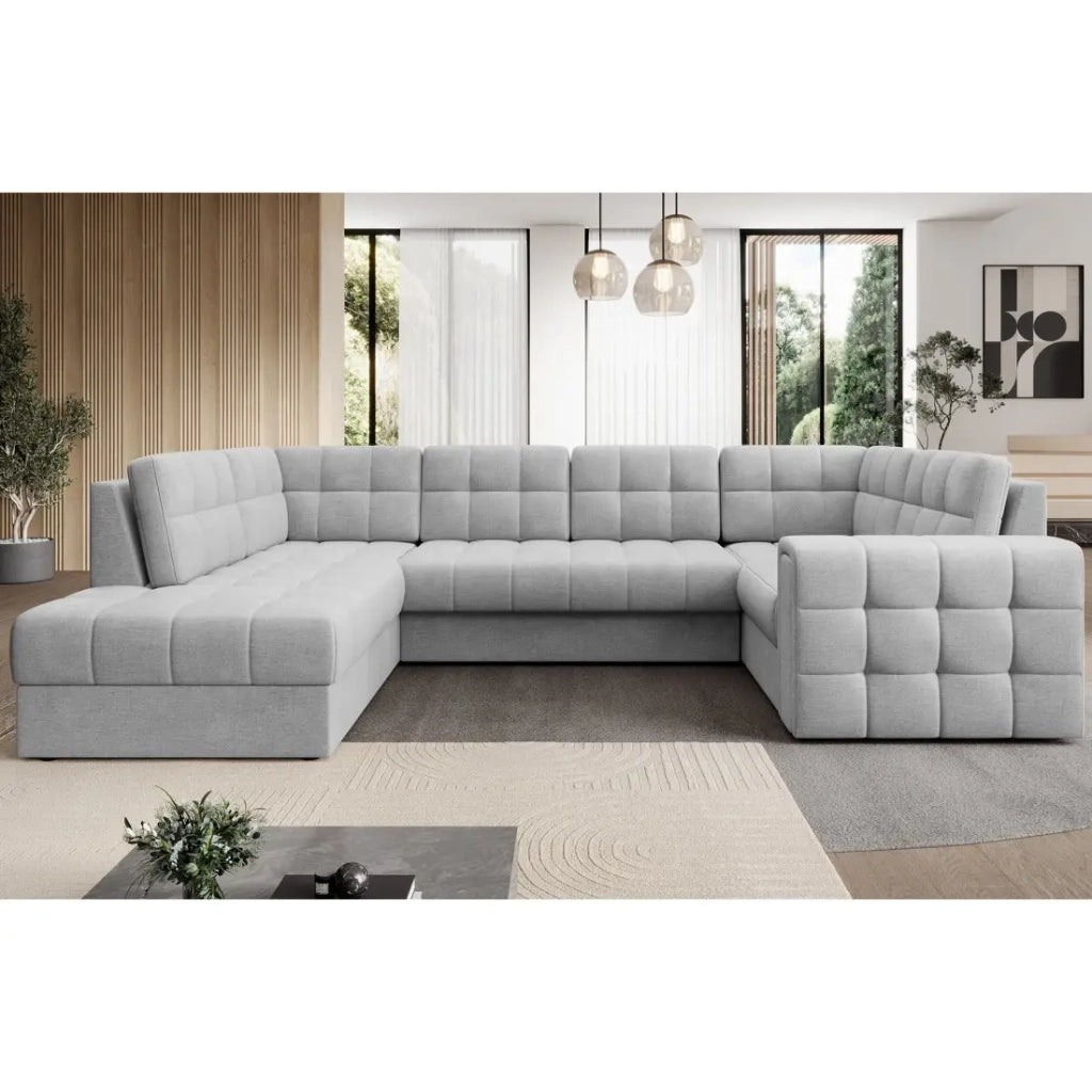 Divano angolare convertibile MONTEZA grigio sinistro 299 cm con contenitore e letto