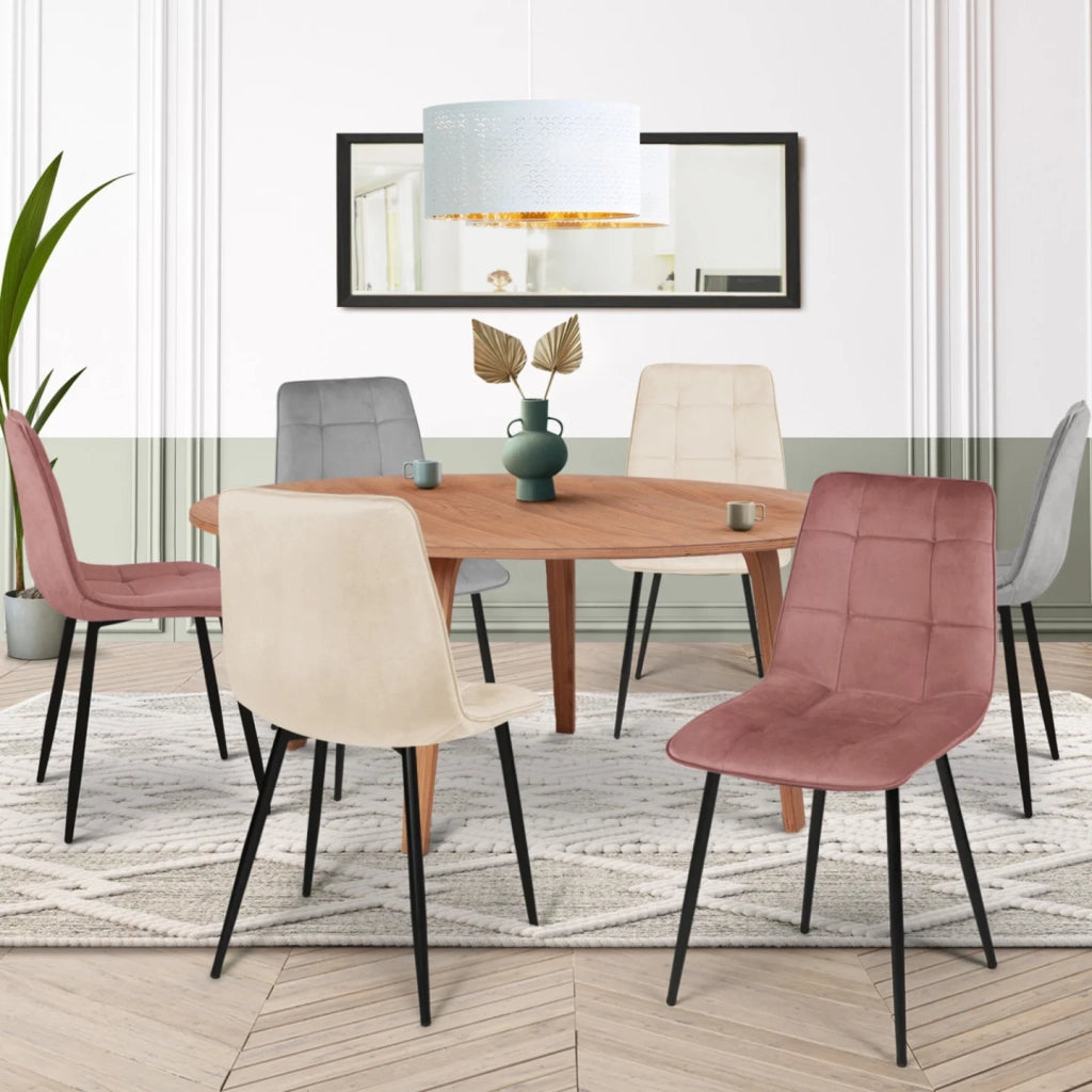 IDMarket - Set di 6 sedie MILA in velluto pastello misto rosa x2, grigio chiaro x2 e beige x2