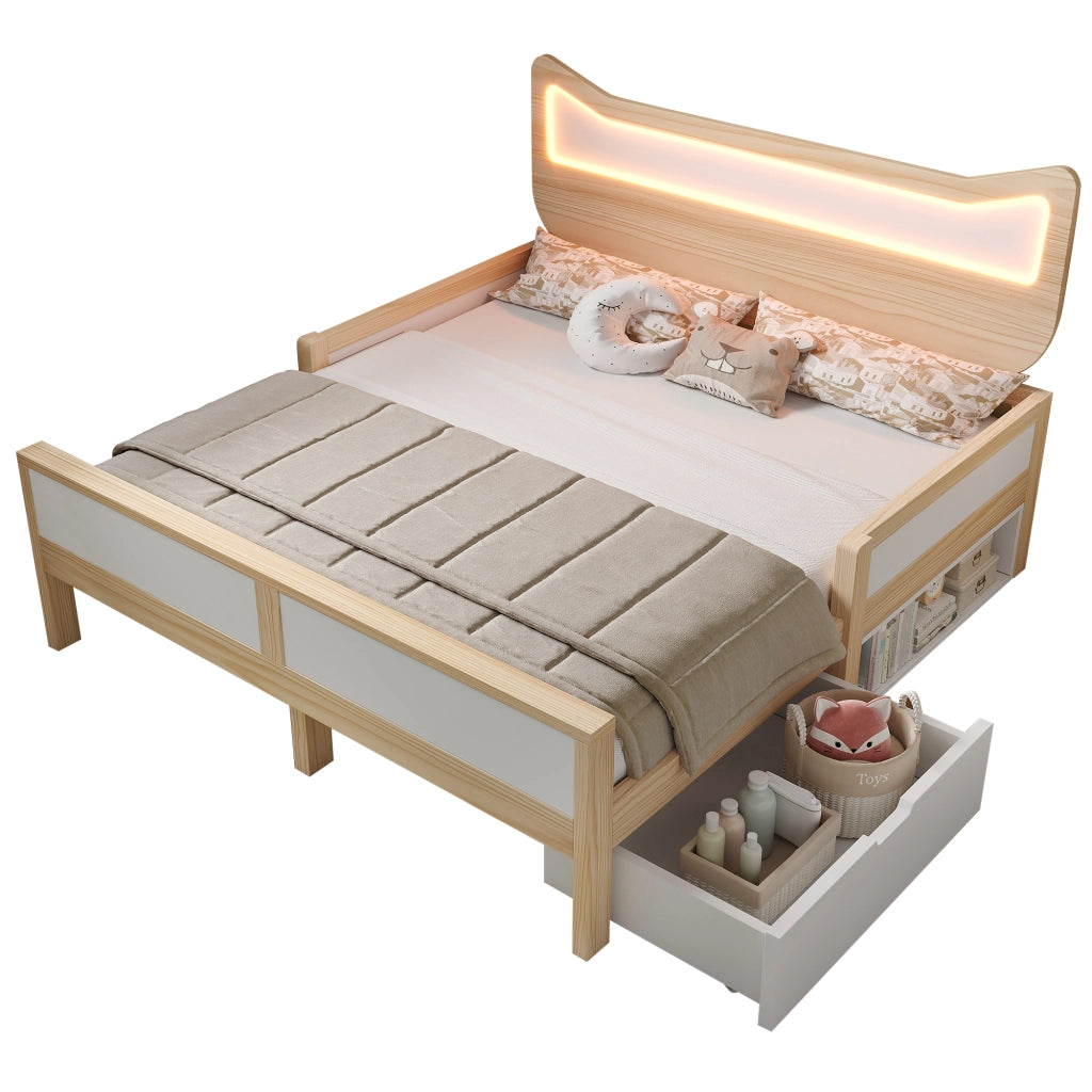 Lettino per bambini con orecchie da gatto e luci a LED 140x200 cm in legno di rovere e bianco