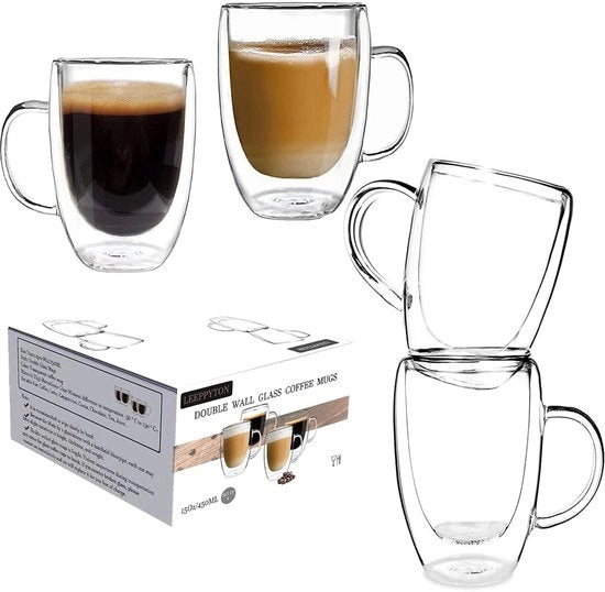 Coppette da caffè in vetro a doppia parete - termoresistente - set da 4 - 450 ml