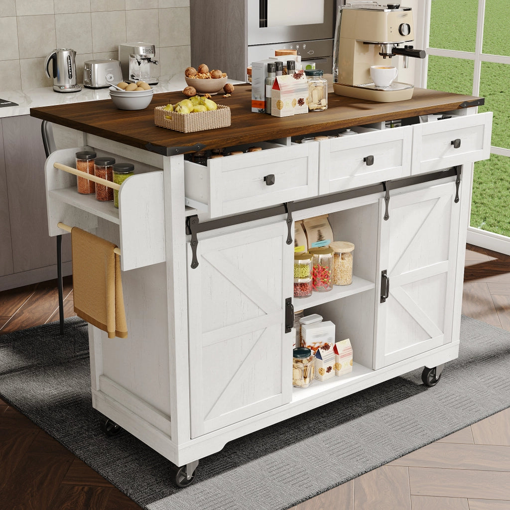 Isola da cucina con piano estraibile, 3 cassetti, ante scorrevoli e ruote, beige