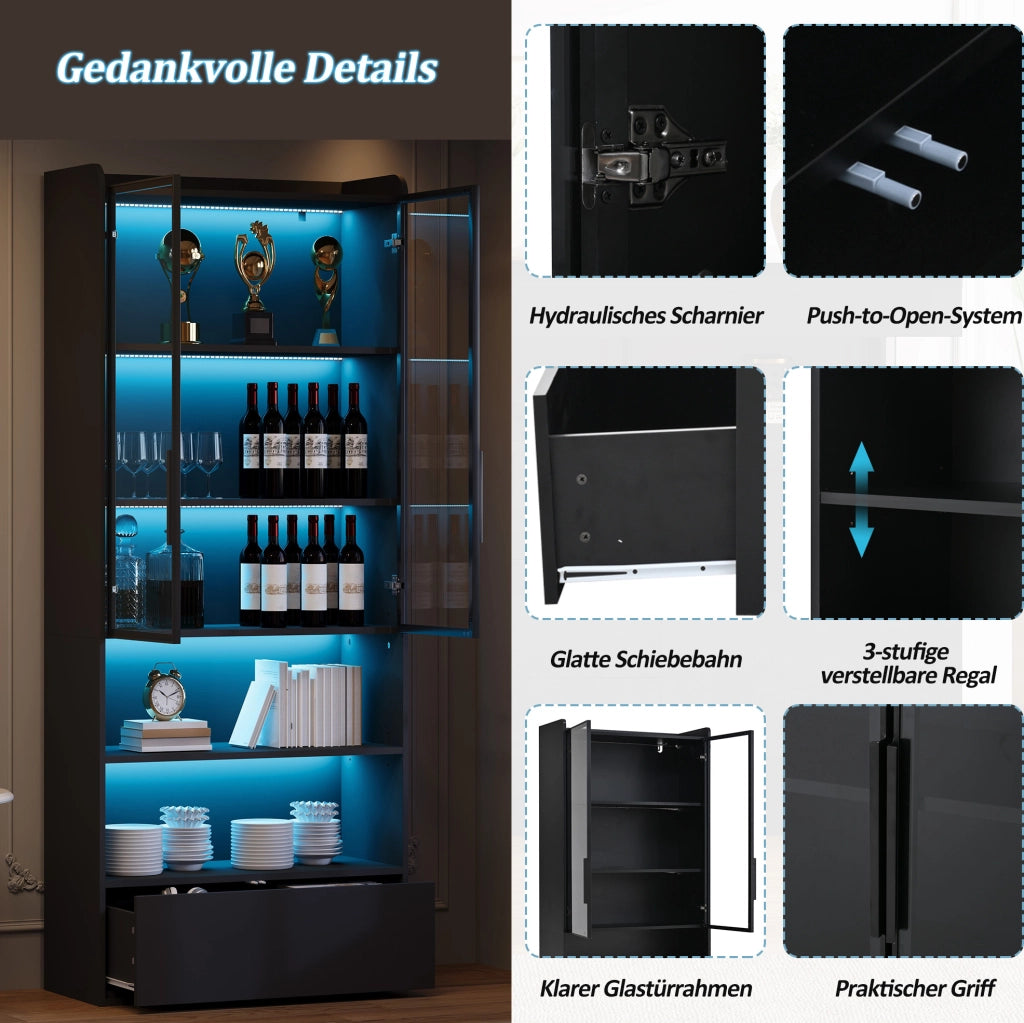 Vetrina alta con LED e 1 cassetto 80 x 34 x 180 cm; nero in MDF e vetro
