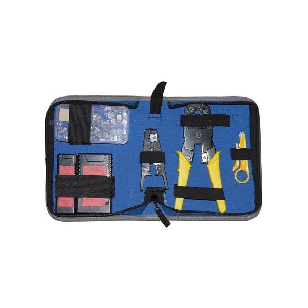 Kit attrezzi link per reti con tester, pinza spelafili, 4, 6, 8 poli e attrezzo per inserire cavo nel jack keystone di rete - LKMS09