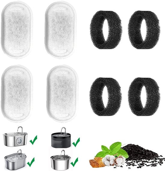 Filtro di sostituzione per fonte di acqua per gatti filtro schiuma in acciaio inossidabile + filtro a carbone attivo per fonte di acqua per gatti (8 pezzi)