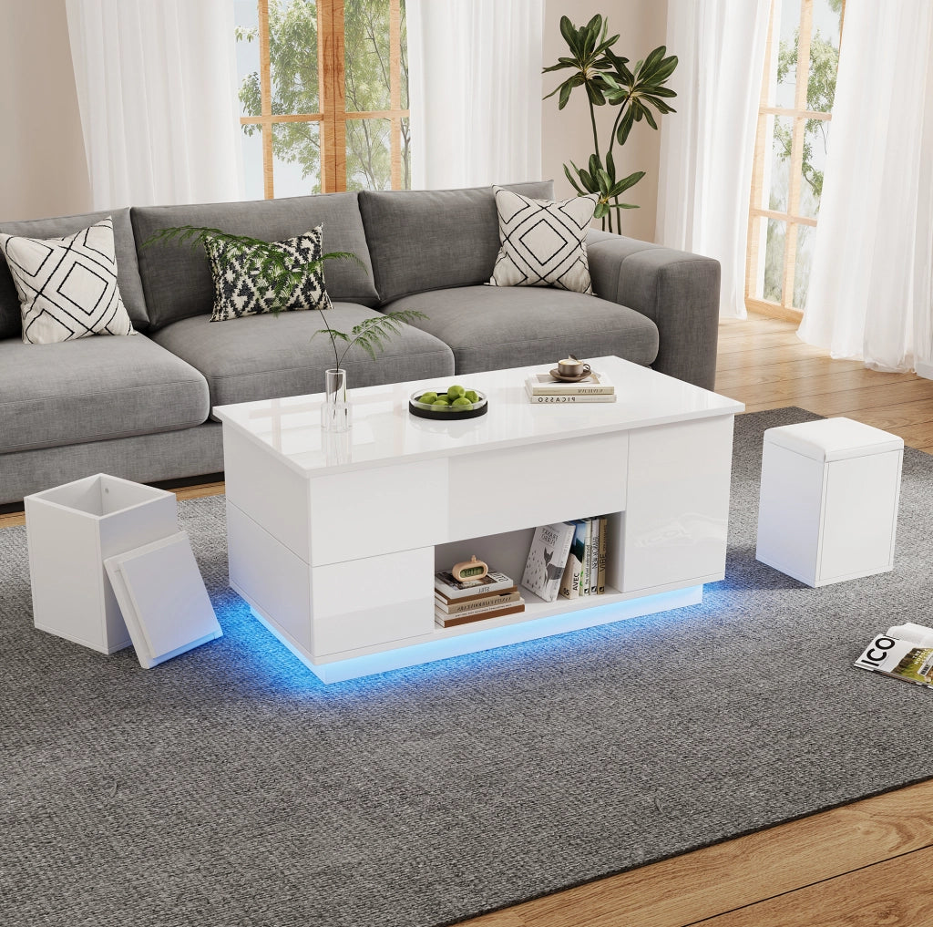 Tavolino da caffè elevabile LED bianco con 2 sgabelli