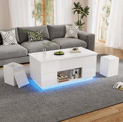 Tavolino da caffè elevabile LED bianco con 2 sgabelli