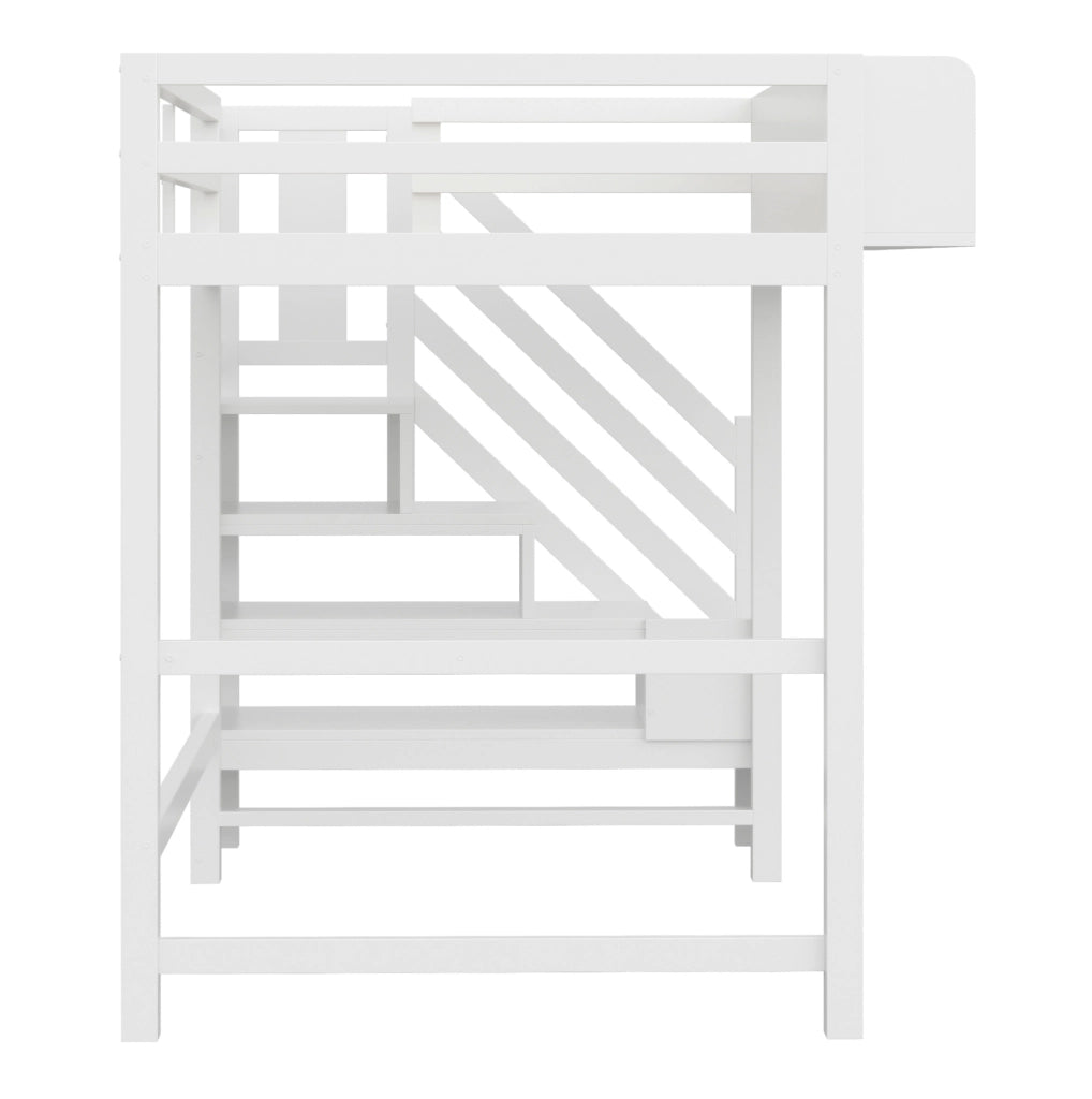 Letto a soppalco 90x200 cm con LED; scaletta e vani portaoggetti in legno bianco