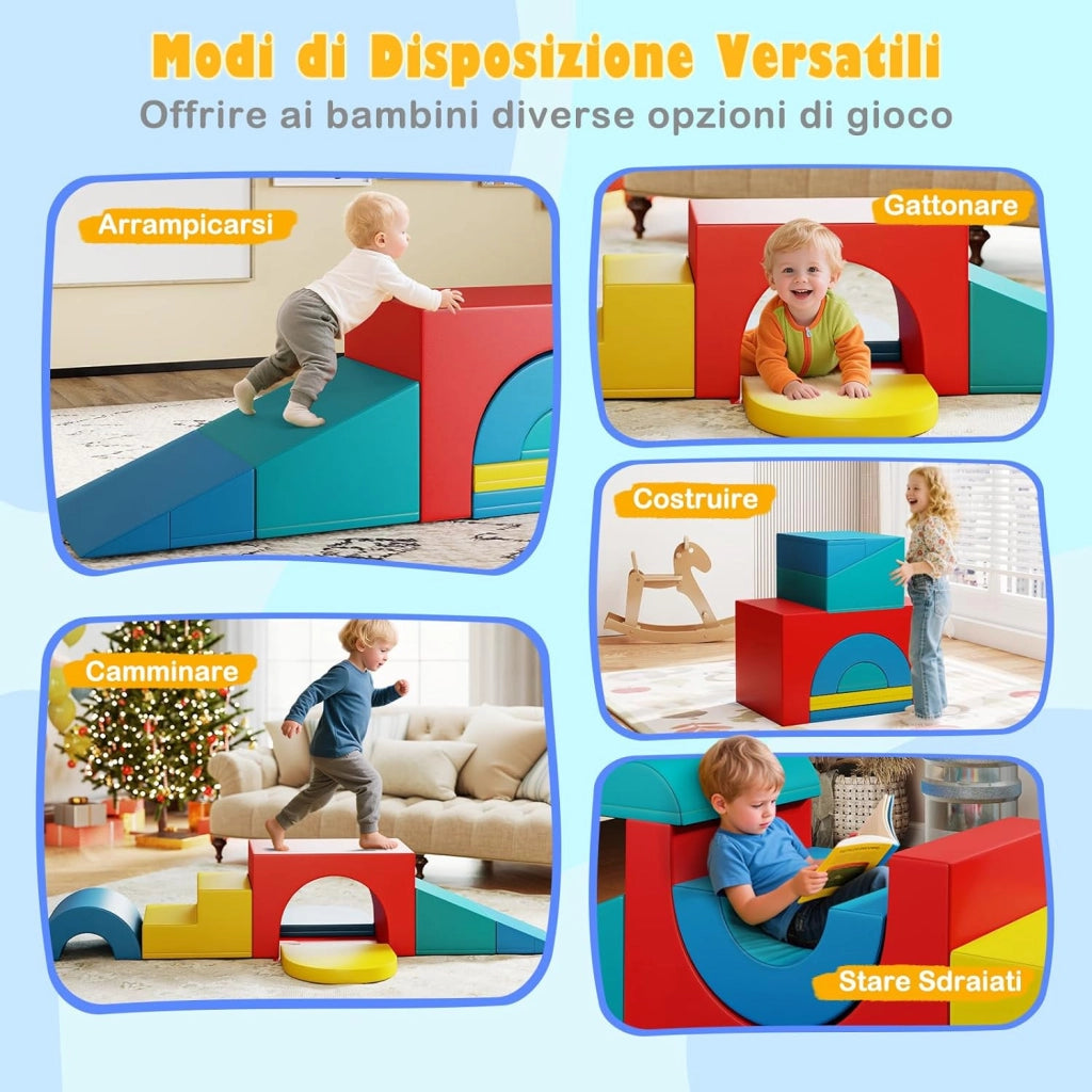 Set di 7 Blocchi da Arrampicata e Strisciamento per Bambini da 1 Anno in Su, Set di Costruzioni in Schiuma da Interno per Bambini a Arrampicarsi, Strisciare e Scivolare (Rosso)