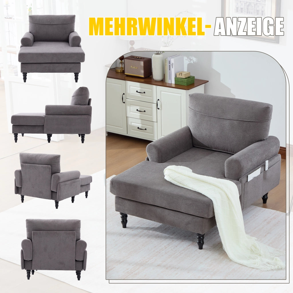 Poltrona Relax Ampia con Tasche Laterali Schienale e Braccioli Confortevoli Piedi in Legno Massello in Ciniglia Grigio Scuro