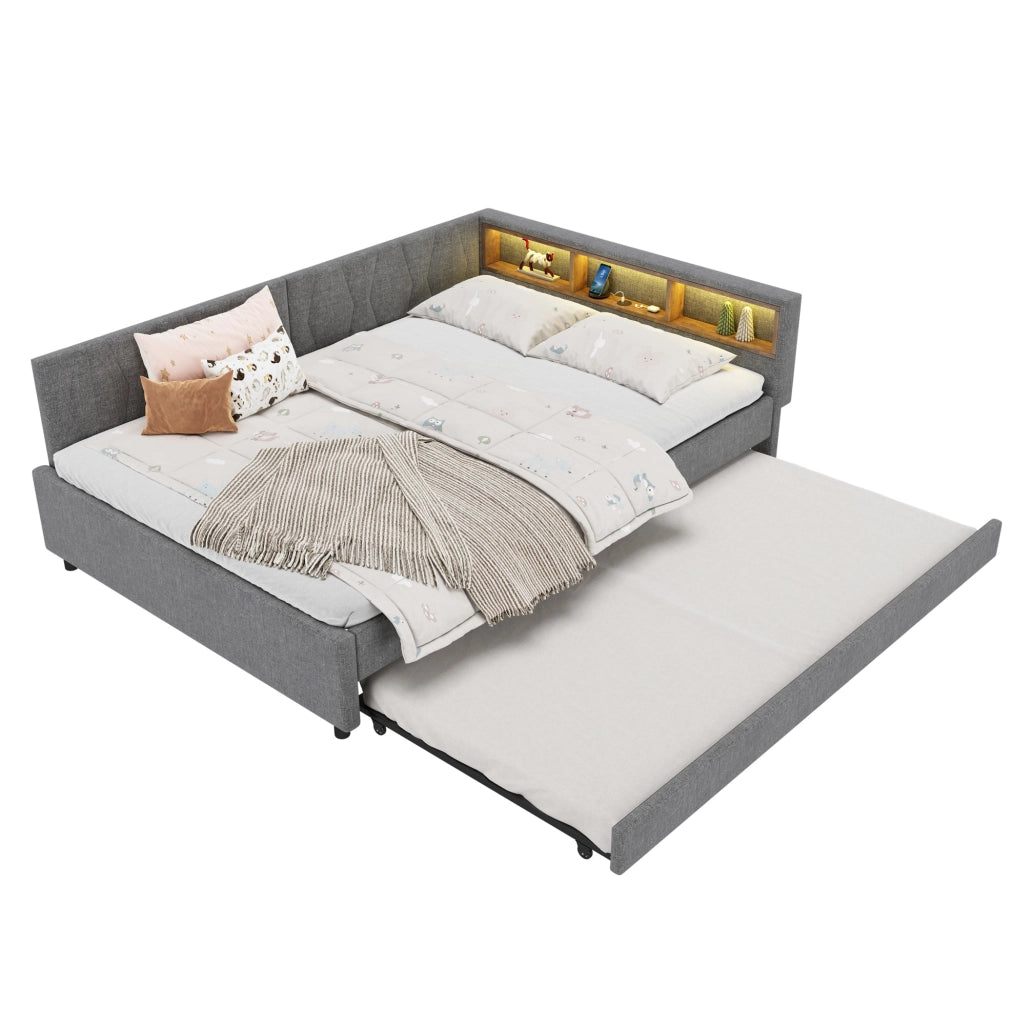 Letto estraibile 140x200 cm con LED multicolore; USB-C e vani in lino e MDF grigio