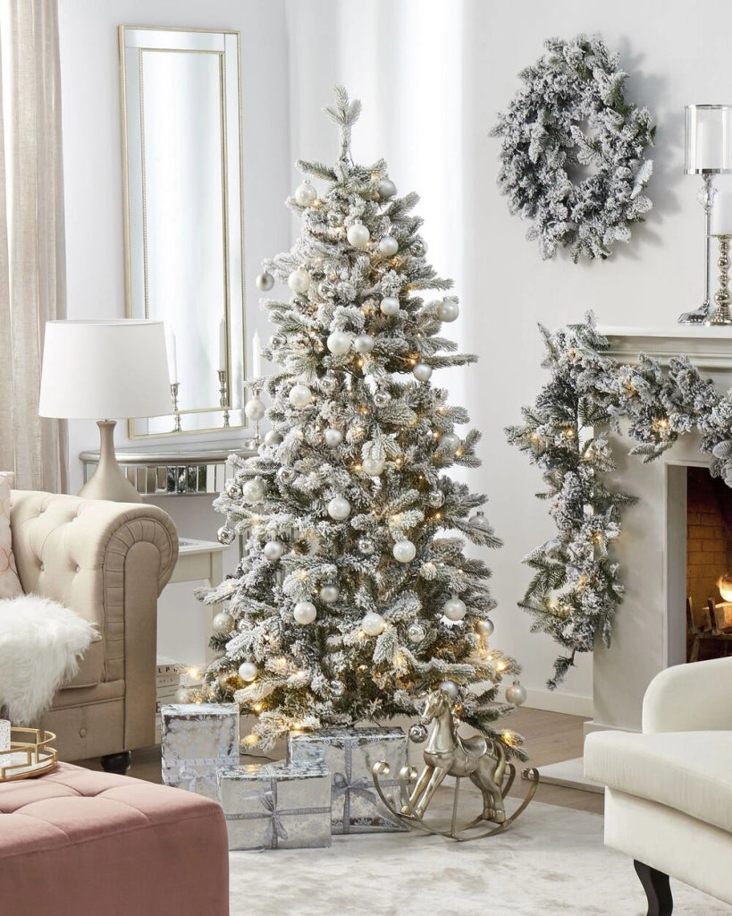 Albero di Natale artificiale innevato preilluminato con supporto in metallo 210 cm bianco