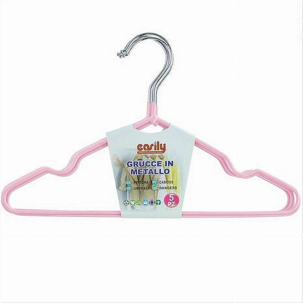 Trade Shop - Set 5 Pz Grucce Stampelle Appendiabiti In Metallo Gommate Antiscivolo Rosa 87673 -