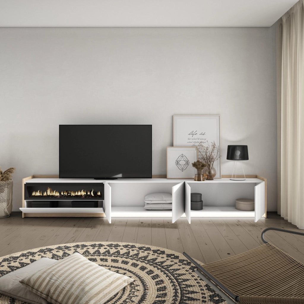 Mobile TV Soggiorno, 310x50x37 cm, Per TV fino a 80", Camino elettrico, LED, Bianco e Rovere soft