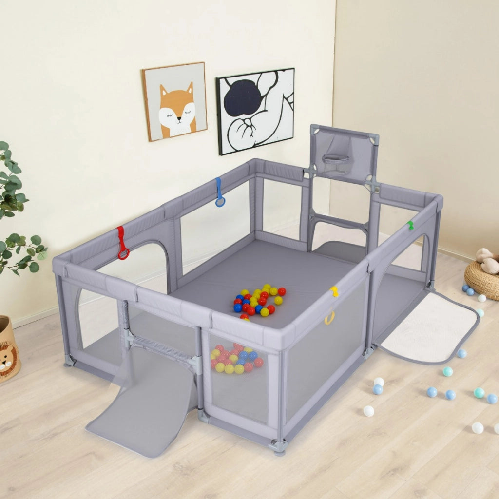 Area giochi sicura con canestro da basket e palline oceaniche-Recinto giochi grande per bambini Grigio chiaro