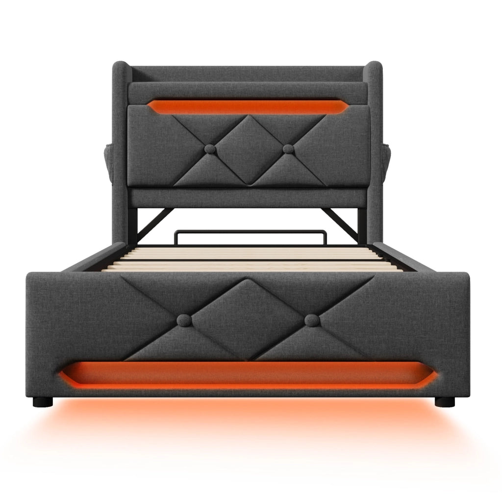 Letto singolo 90x200 cm con contenitore idraulico; LED 360掳; testiera con USB e Type-C; lino grigio