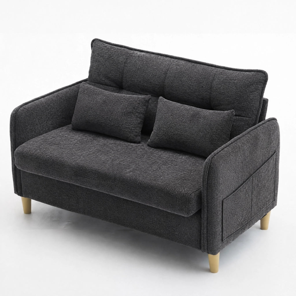 Divano a 2 posti in tessuto chenille con tasche laterali e braccioli, struttura in legno grigio scuro