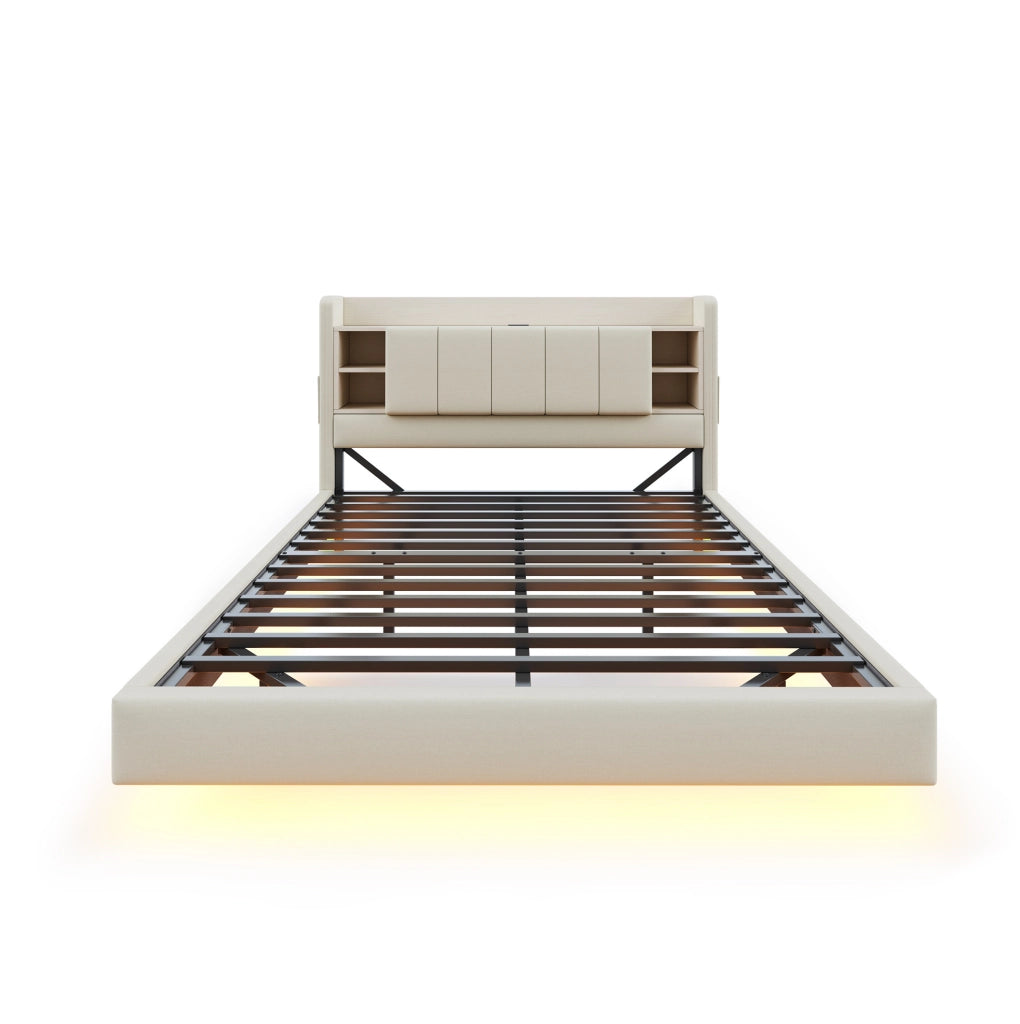 Letto matrimoniale imbottito beige 140 x 200 cm con LED, USB e contenitore