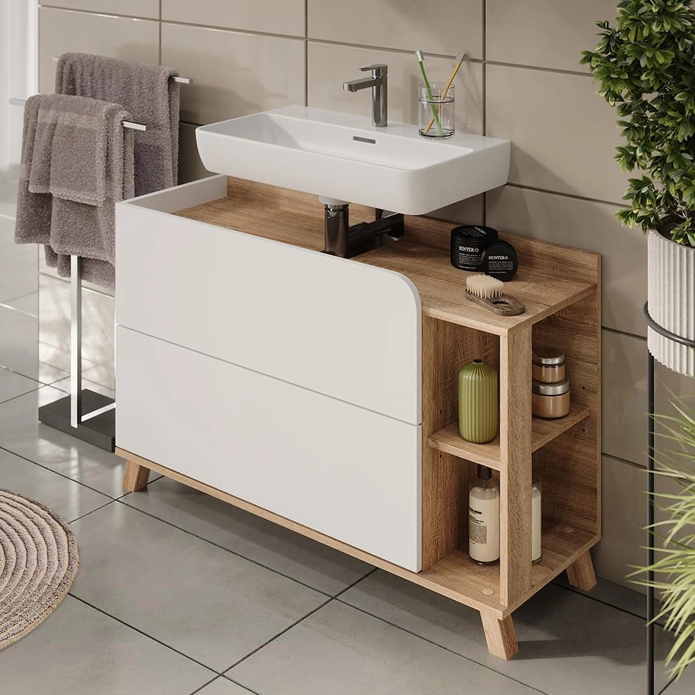 Mobiletto per lavabo Karen, Sonoma/Bianco, 100 x 65 cm con 2 cassetti, per montaggio sotto il lavabo con apertura per sifone