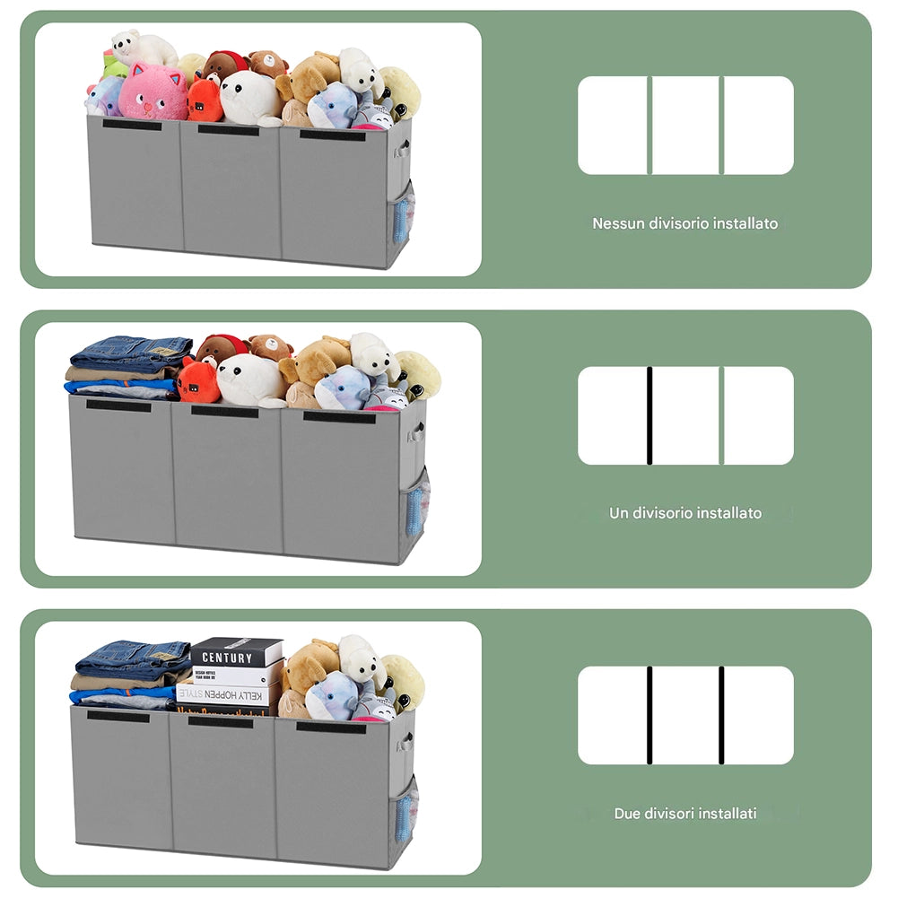 Contenitore Box 3 Scomparti Grigio Scatola Cesta Giocattoli Organizer Multiuso