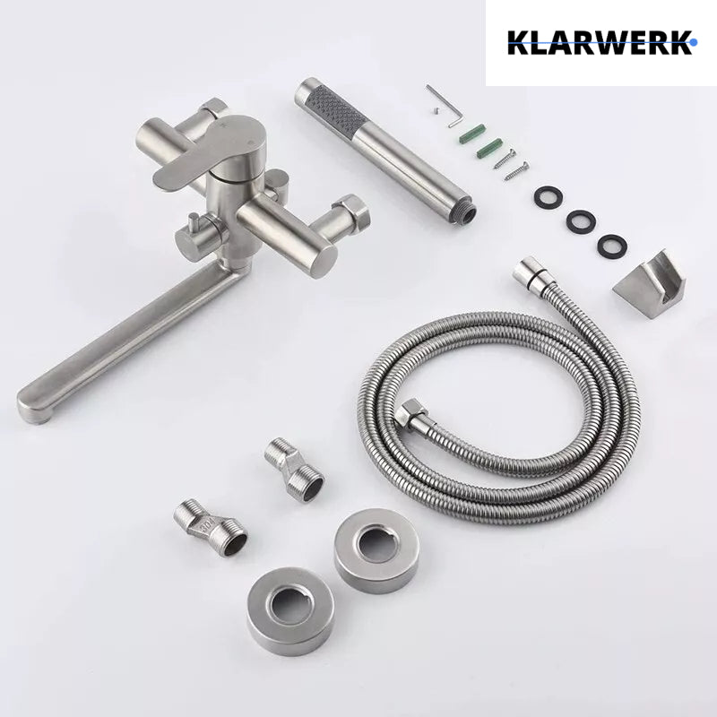 MAX| Miscelatore Catering a parete Argento | Rubinetto cucina professionale in acciaio inox con doccetta | Beccuccio piatto da parete per ristorante