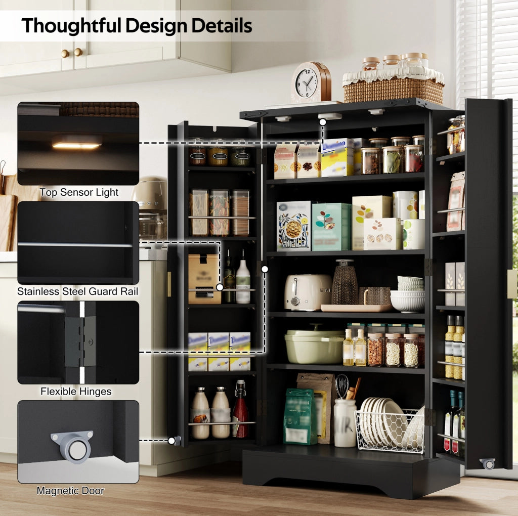 Mobile dispensa alto nero 120 x 60;5 x 40 cm in MDF con luce LED sensore e ripiani regolabili