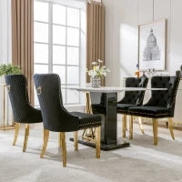 Set di 4 Sedie Imbottite in Velluto con Decorazioni in Rivetti e Anelli Rotondi Unici, Gambe Dorate, 51×65,5×95 cm, Nero