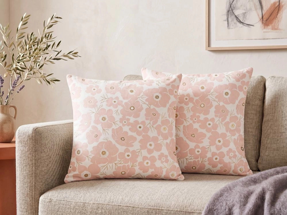 Set di 2 cuscini sparsi in velluto beige e rosa 45 x 45 cm Cuscino da lancio Motivo floreale rimovibile con imbottitura