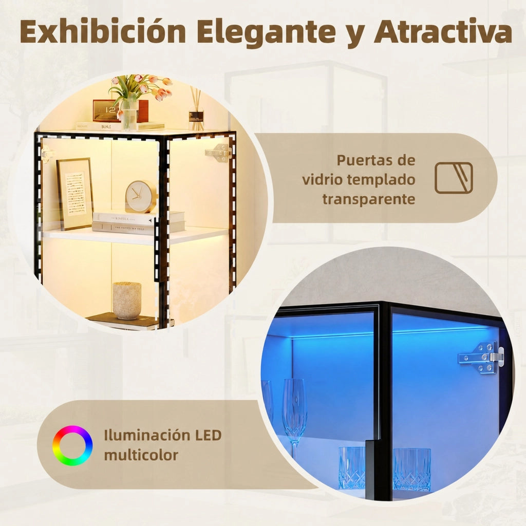 Vetrina 70x38x160 cm in MDF e vetro bianco con LED e vani laterali