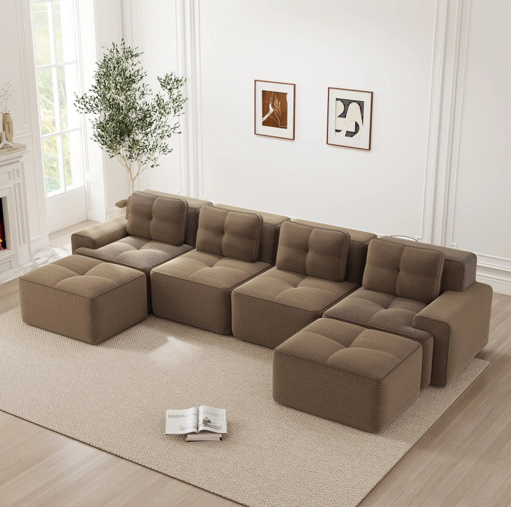 Divano modulare senza montaggio 382x177x69 cm in tessuto a coste marrone; seduta profonda