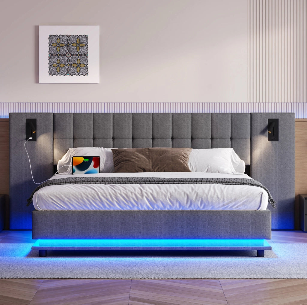 Letto imbottito 180x200 cm grigio con LED, USB e spot