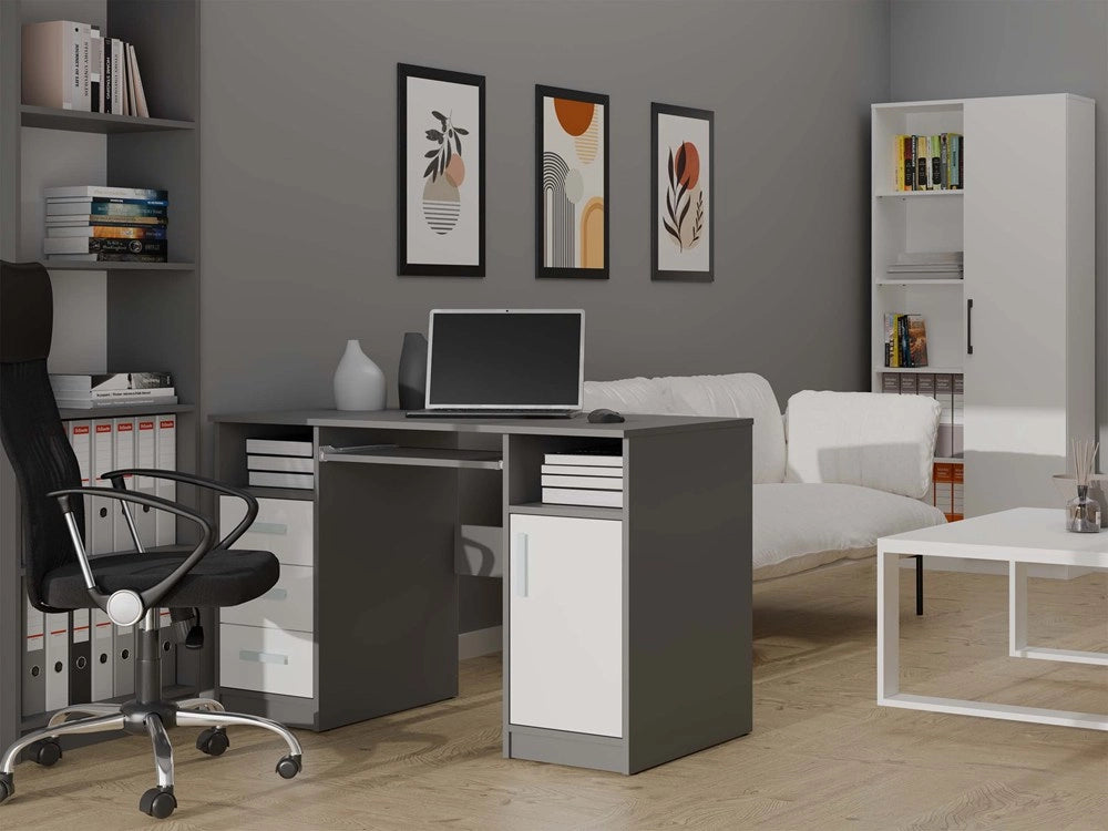 Scrivania delta antracite / bianco 120 cm 3 cassetti mobile con ripiani per ufficio camera e laptop