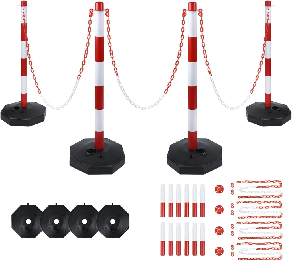 4 pali di intercettazione parcheggio con 4 catene di intercettazione da 140 cm, in plastica, per controllo traffico parcheggio