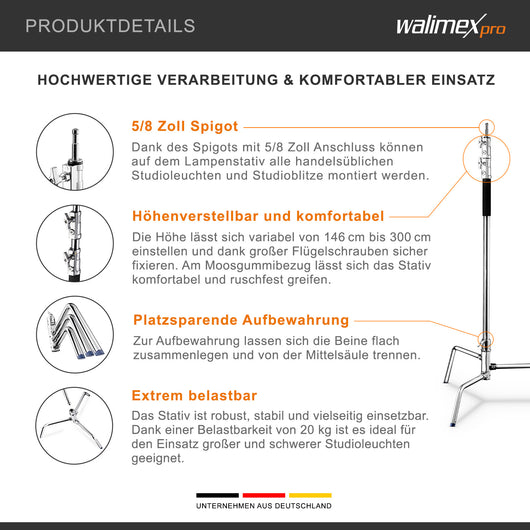 Extreme 20 C-Stand per fotografia, Stativo per luci fotografiche flash da studio 300 cm / 118" 750x750x3000 mm, max 20 kg, con spigot 5/8", Treppiedi fotografico