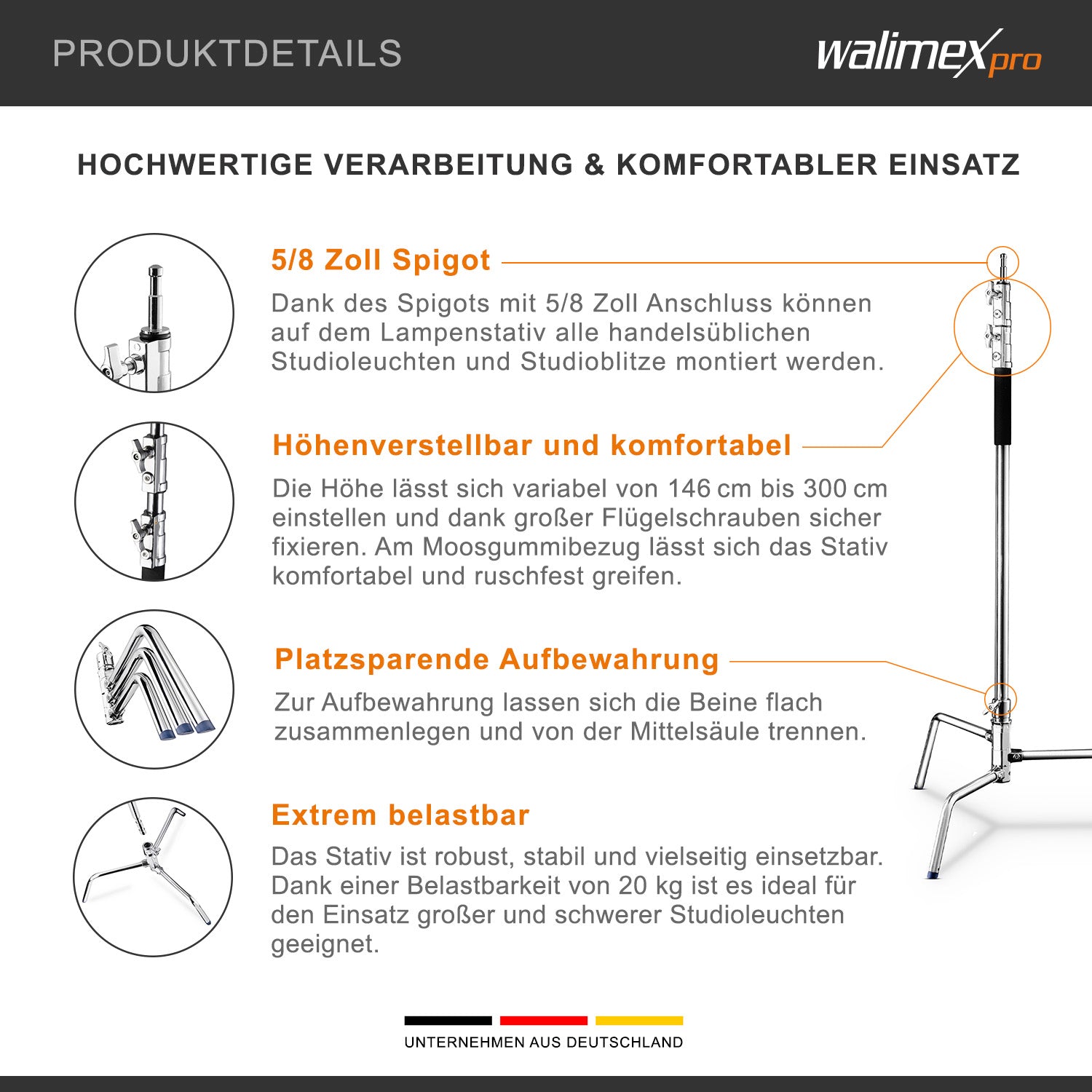 Extreme 20 C-Stand per fotografia, Stativo per luci fotografiche flash da studio 300 cm / 118" 750x750x3000 mm, max 20 kg, con spigot 5/8", Treppiedi fotografico
