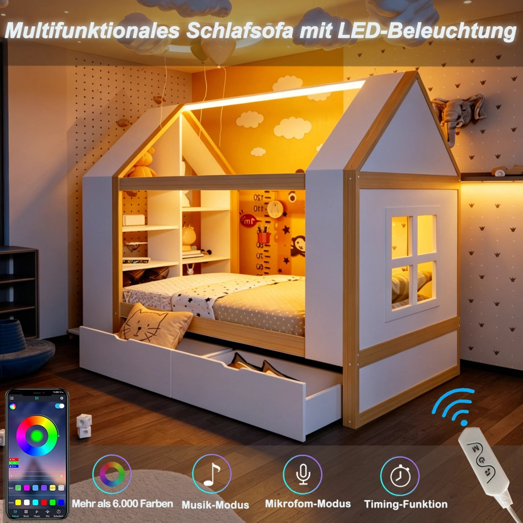 Letto a casetta per bambini 90 × 200 cm con 2 cassetti, LED e ripiani laterali, senza materasso, legno massiccio, bianco naturale